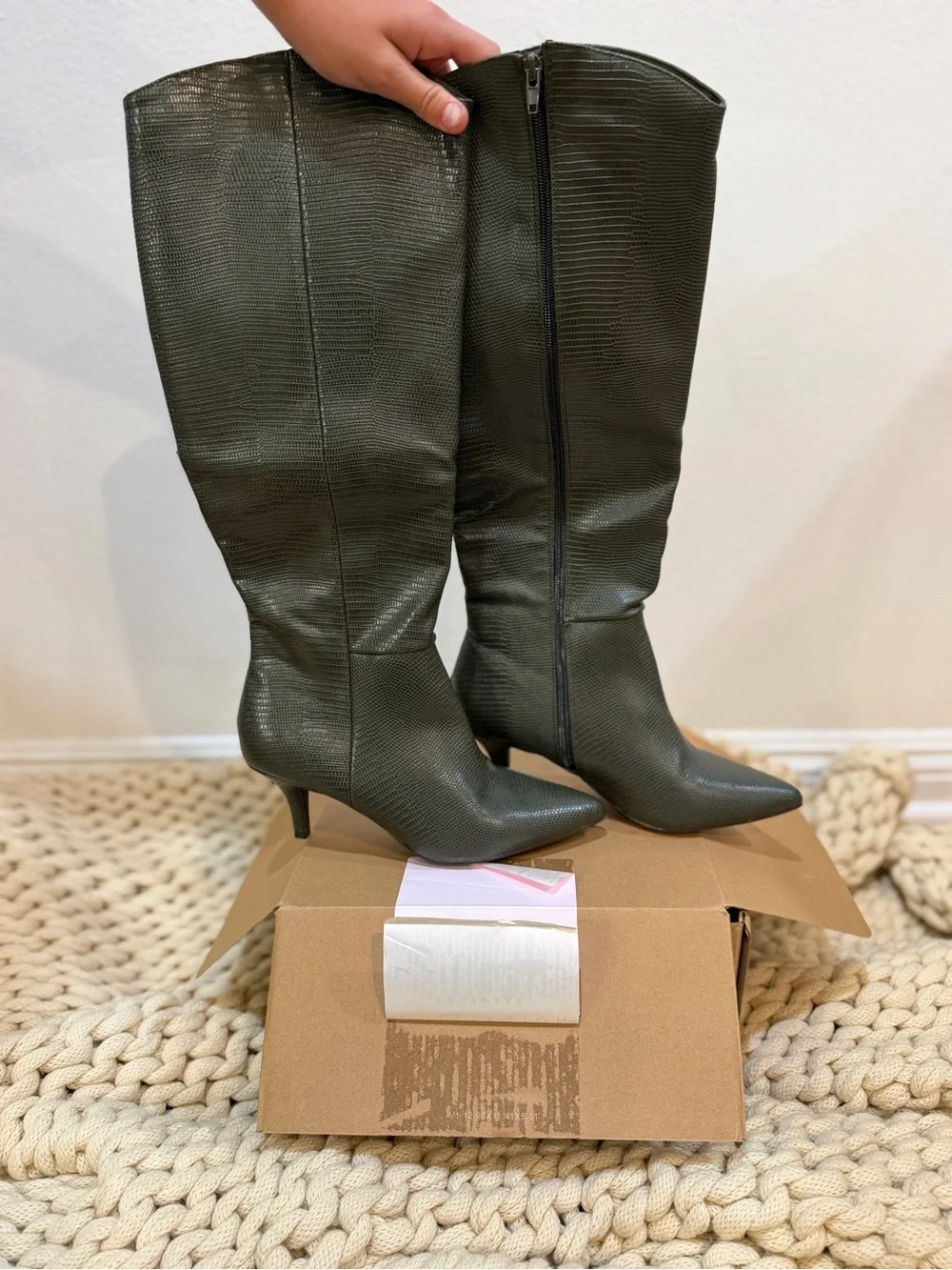 Journee collection Estrella tall boot Olive Textured Knee-High Pointed-Toe Boots